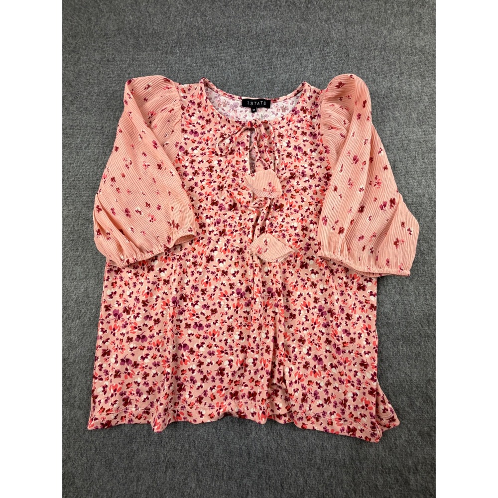 1.STATE Floral Blouse Womens XS Pink Pleated Puff Sleeve Keyhole Tie Top
